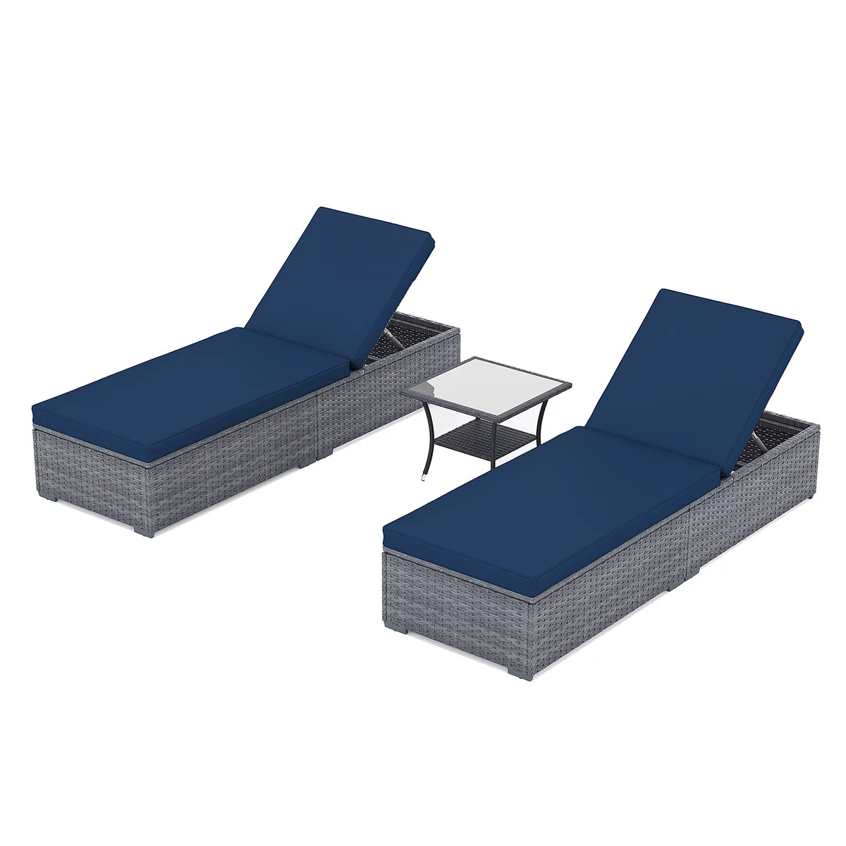 Navy Blue PE Rattan 3 Piece Chaise Lounge Chair with Coffee Table E486