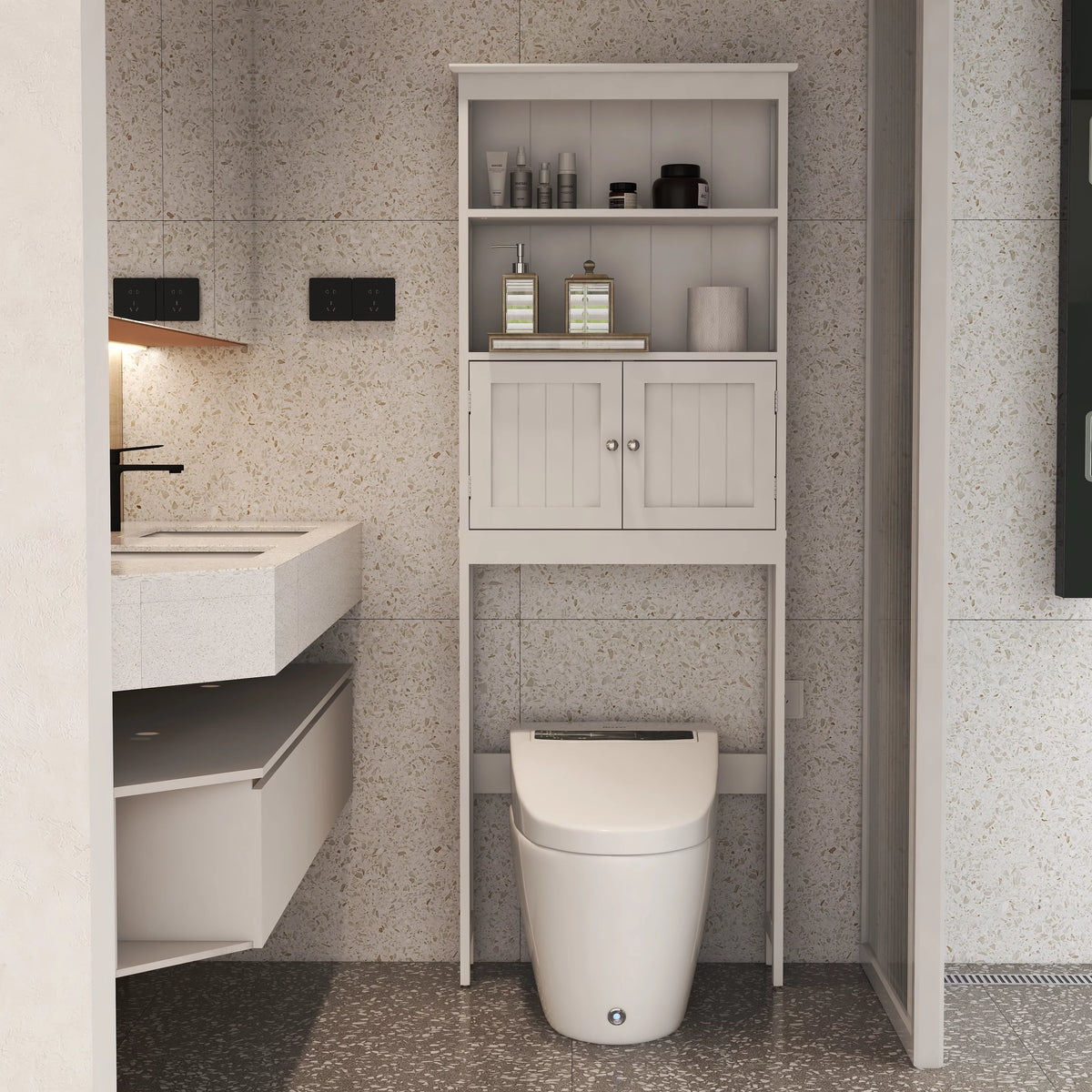 2-Tier Over The Toilet Storage Cabinet with 2 Doors White A71713