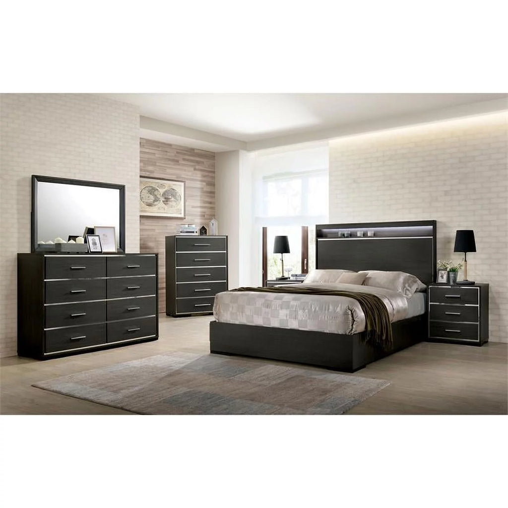 Warm Gray Wood King Panel Bed with LED Lights H134