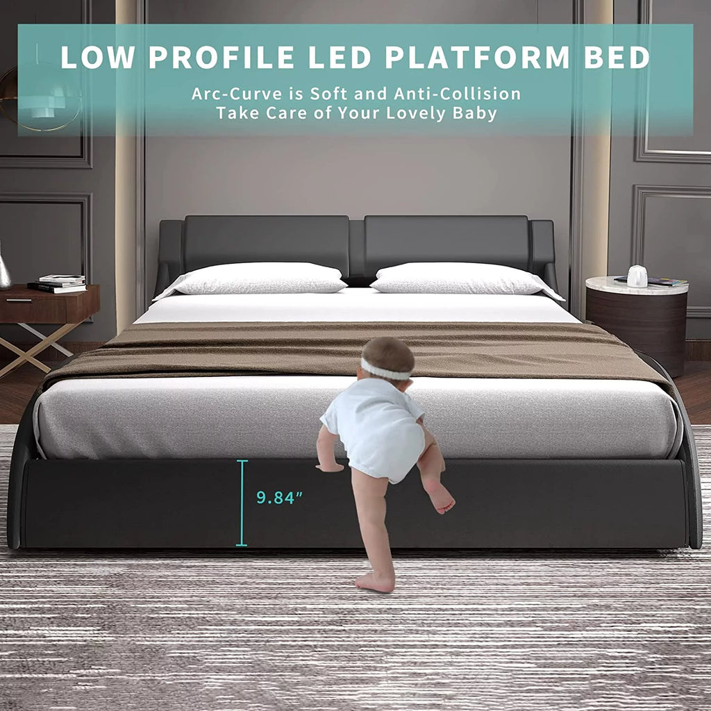 Queen LED Bed Frame with Faux PU Leather Headboard K588673