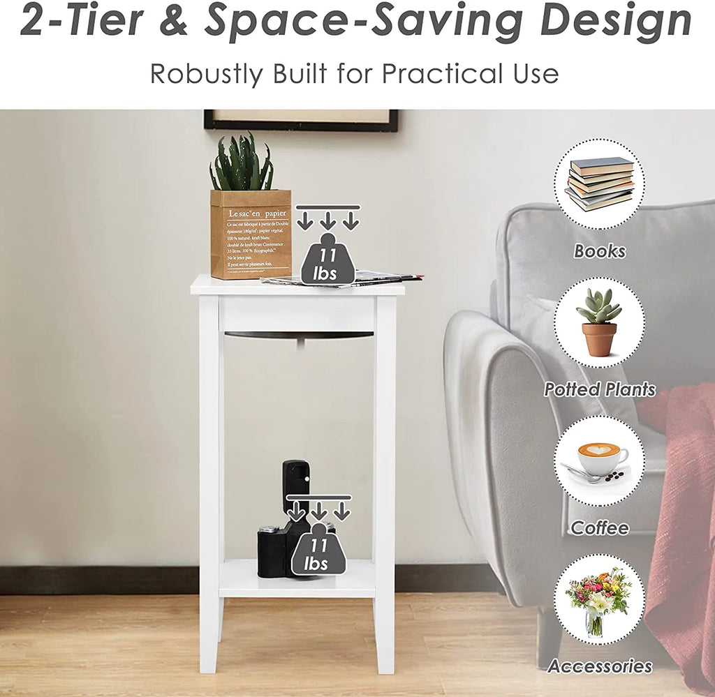 2-Tier End Table with Shelf and Wooden Legs, White R81983