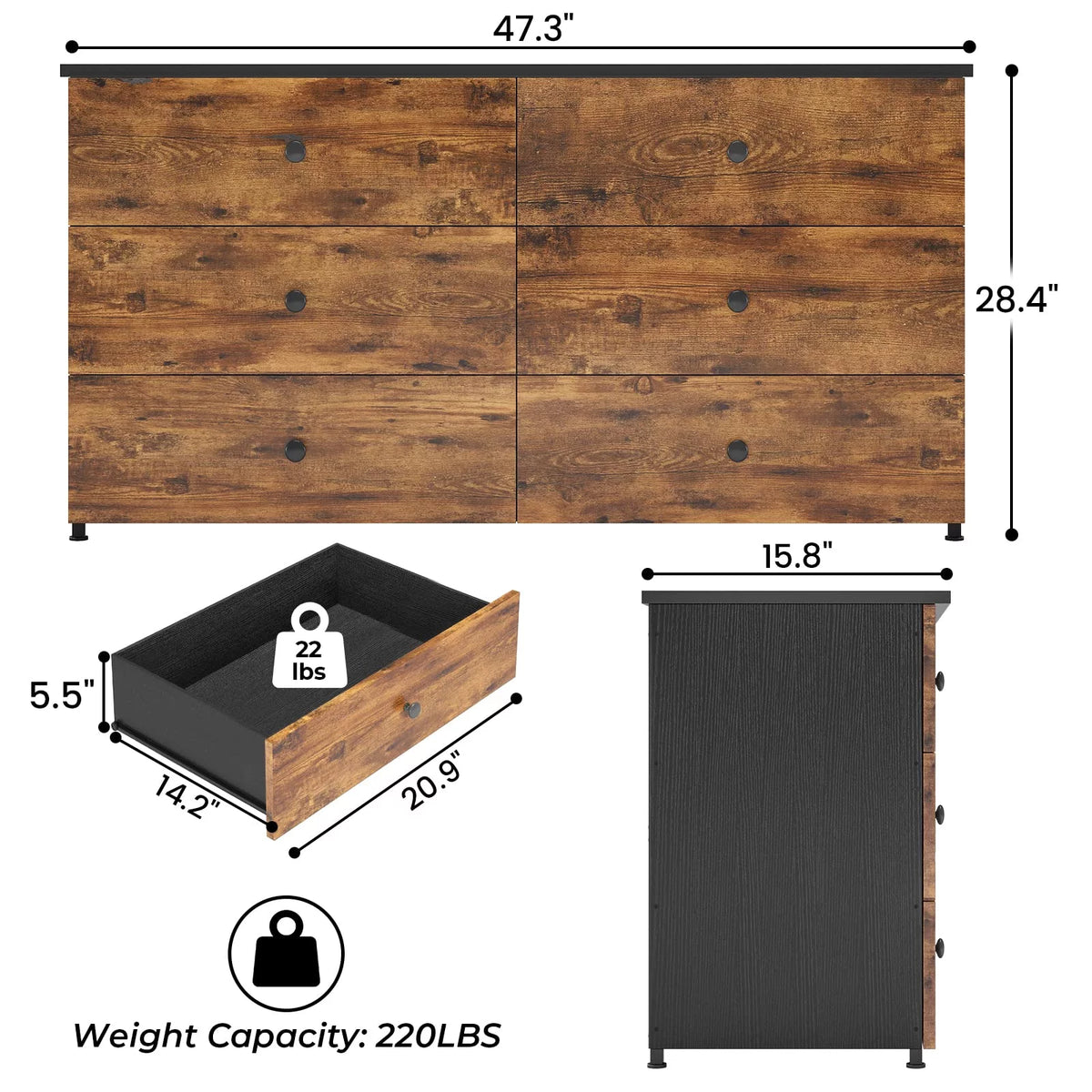 Brown 6 Drawer Double Dresser L7157
