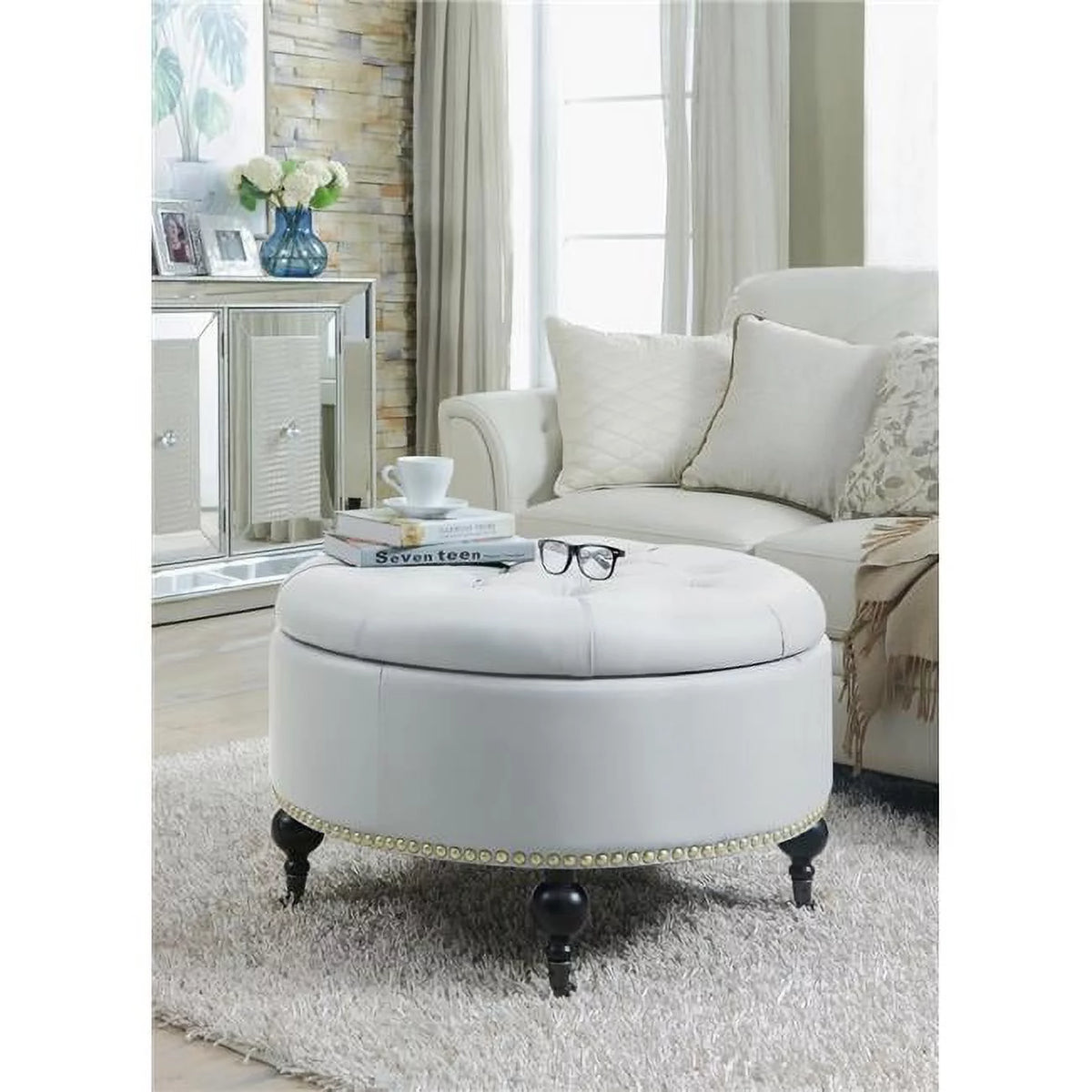 Cream White PU Leather Round Storage Ottoman Z2950