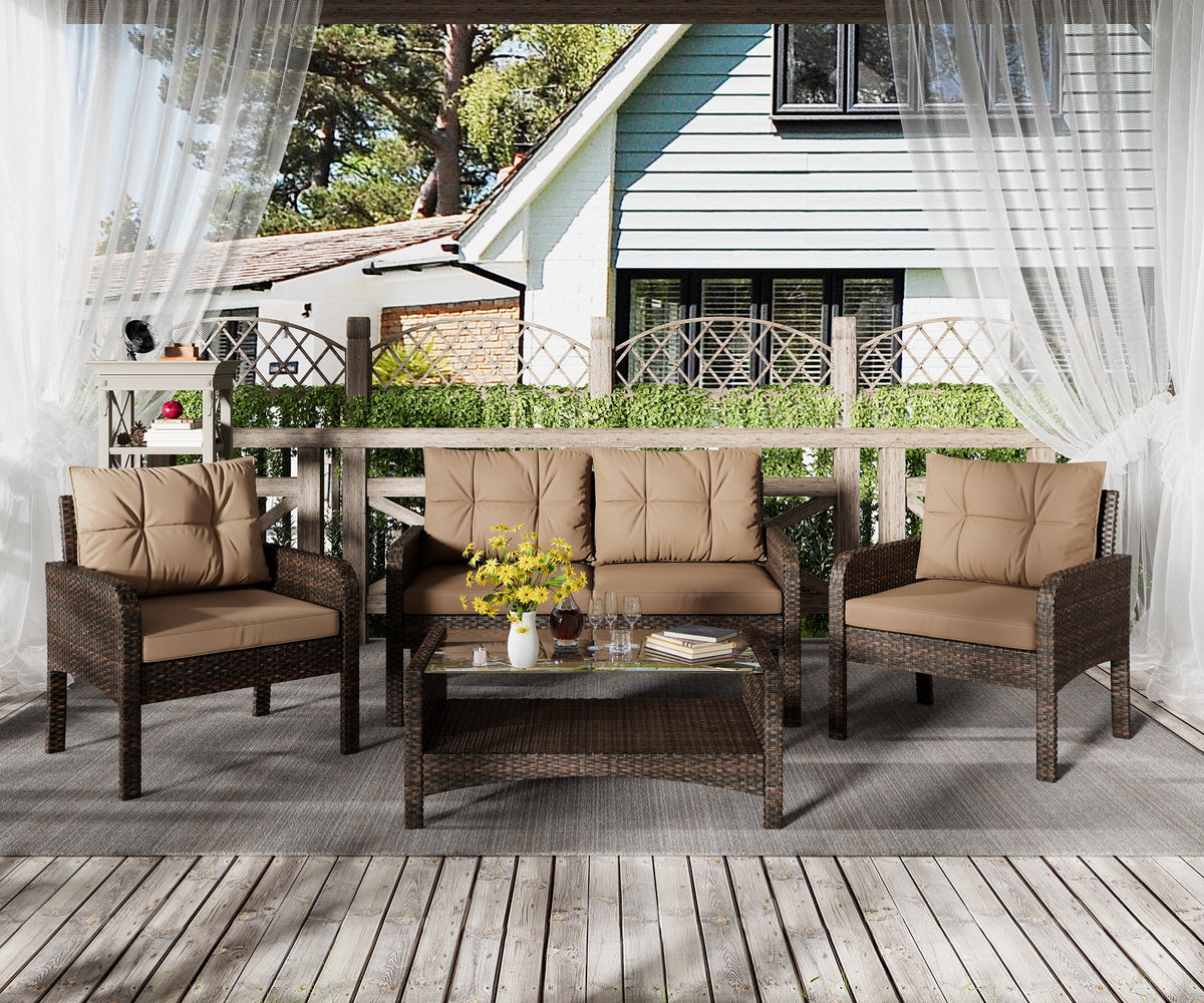 4-Piece Outdoor Rattan Wicker Sofa Set with Cushions & Coffee Table H583629