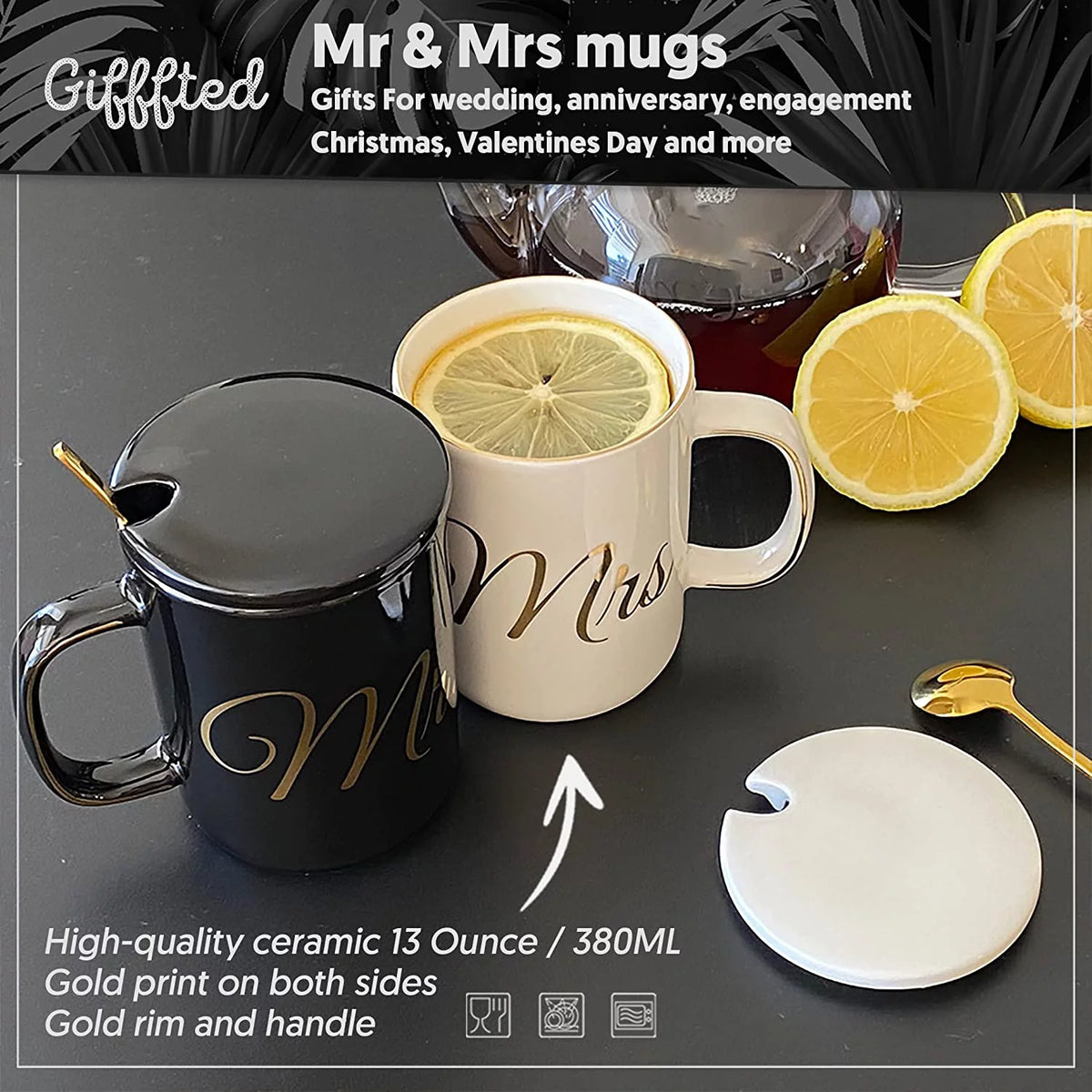 Mr and Mrs Coffee Mugs Set with Lids and Teaspoons R6164