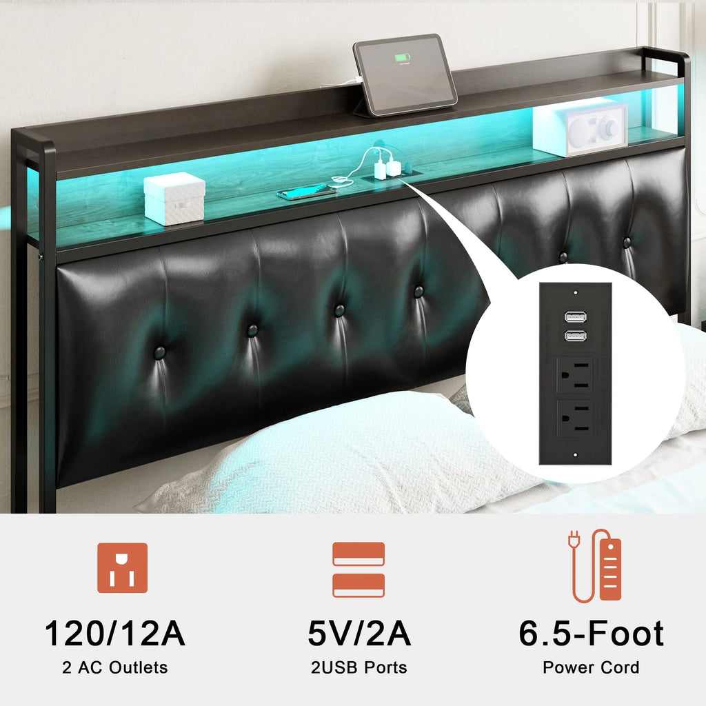 Queen Upholstered Platform Bed Frame with Storage Headboard H128149