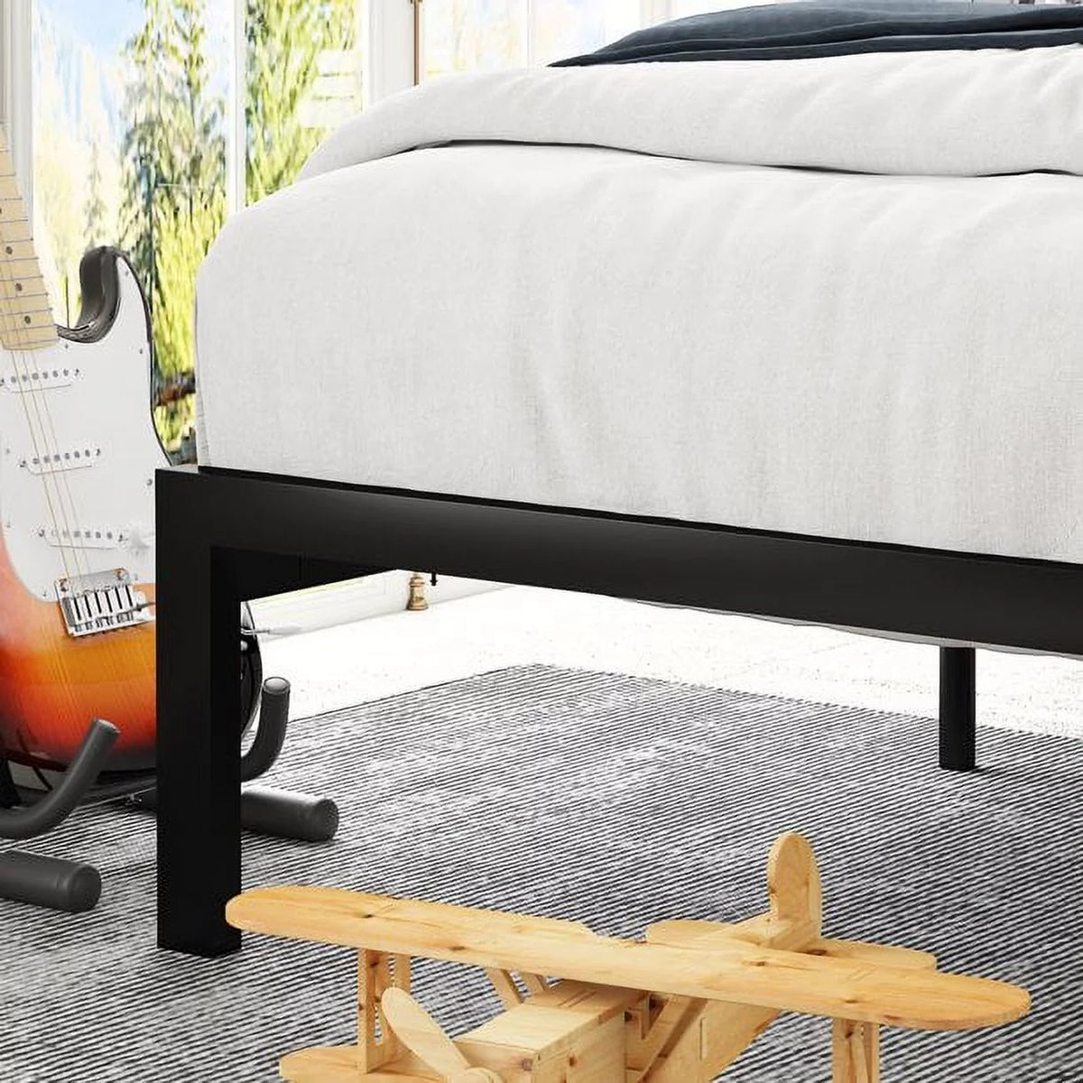 Twin Size Platform Bed Frame with Wood Headboard and Metal Slats C75680