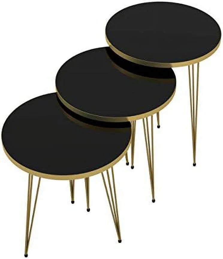 Set of 3 High Gloss Black Round Nesting Tables with Metal Legs T559