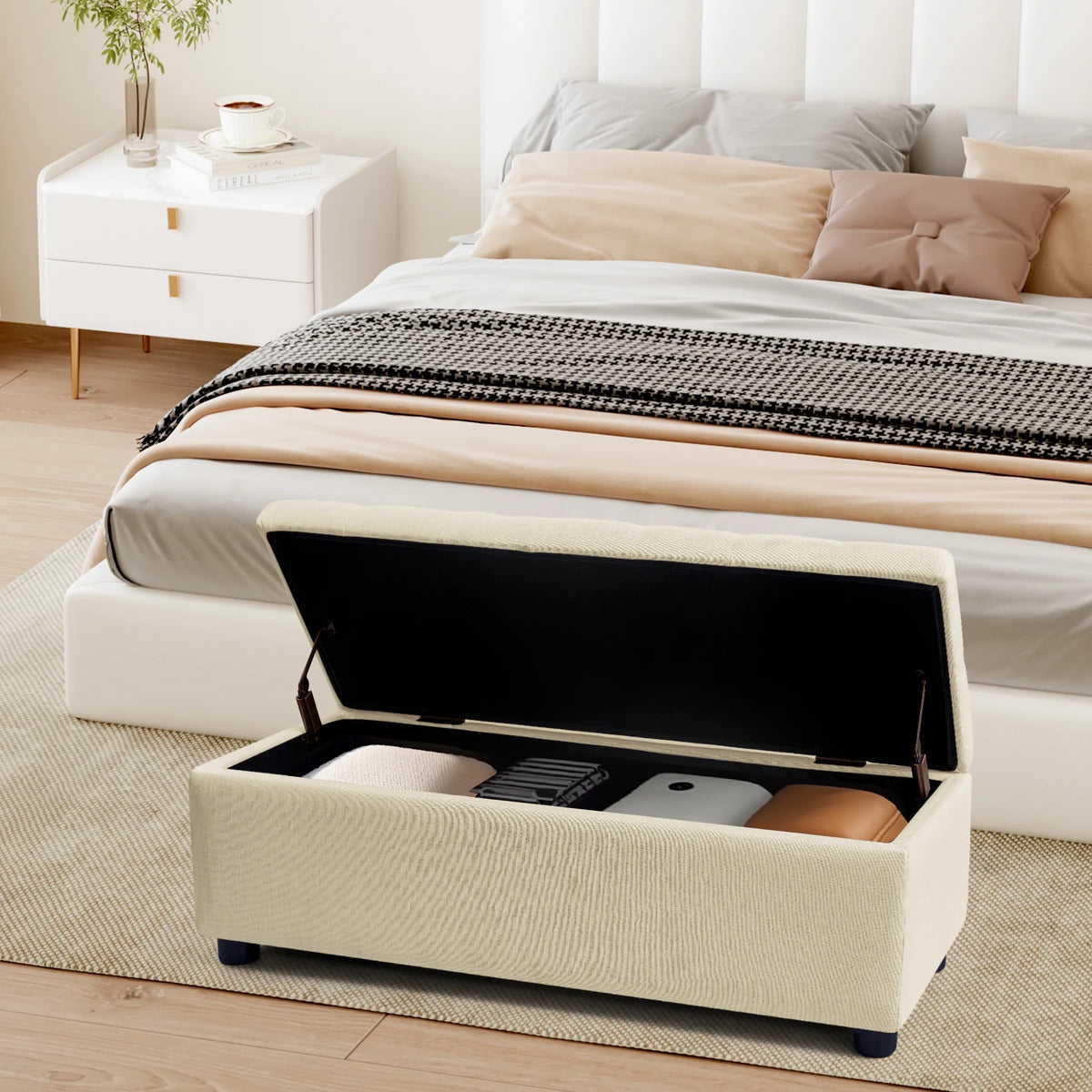Beige Linen Fabric Storage Ottoman Bench R194620