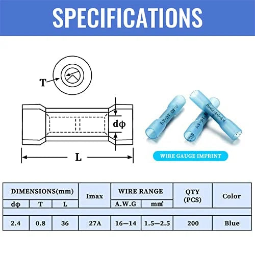 200 PCS Waterproof Insulated Butt Connectors F7296