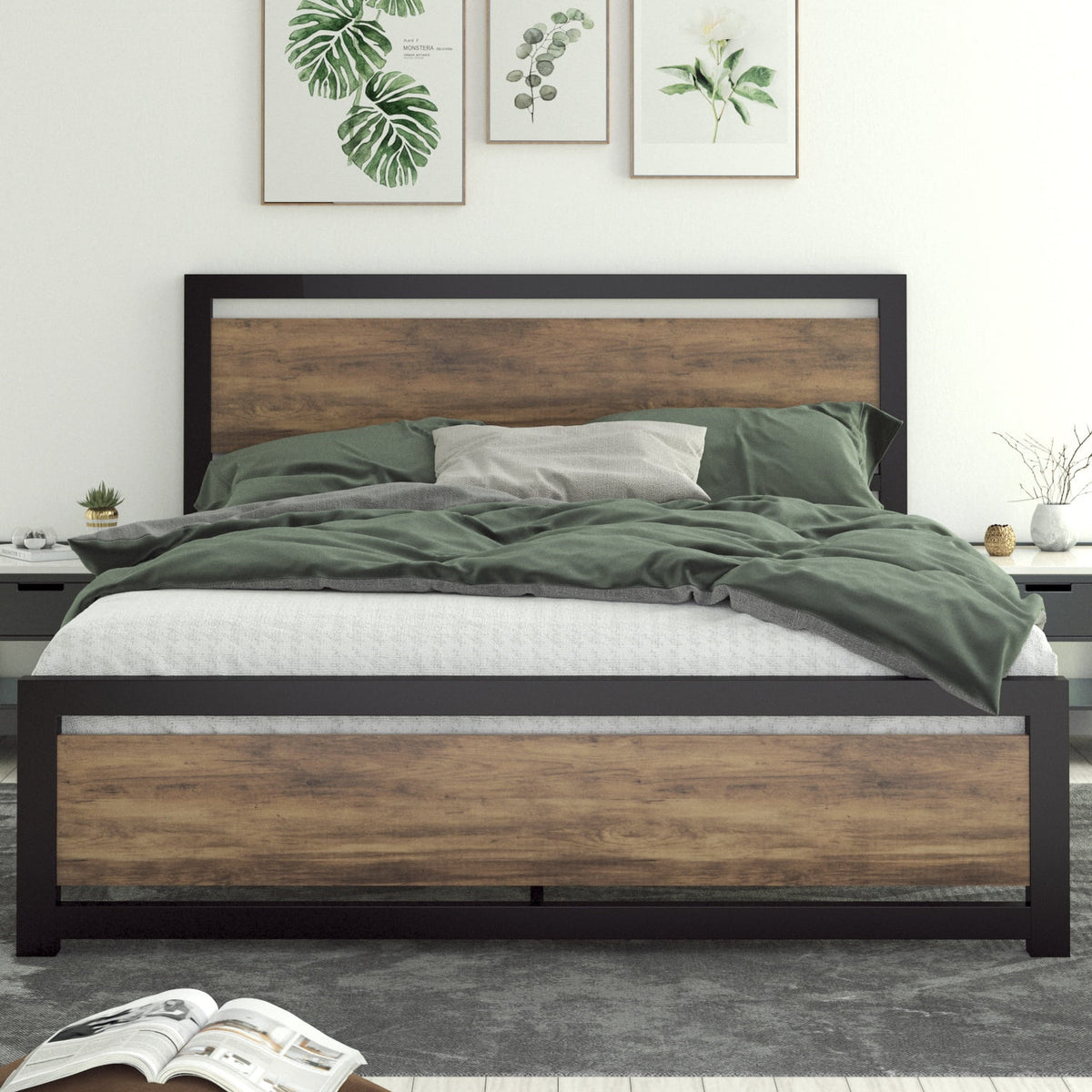 Queen Size Metal Platform Bed Frame with Wooden Headboard Footboard M153816