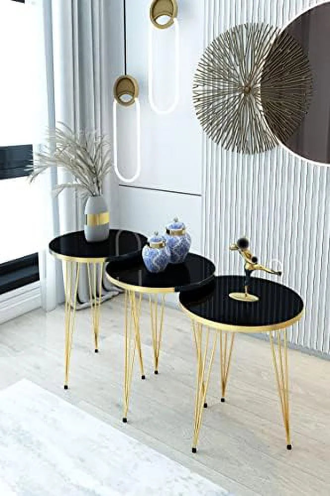 Set of 3 High Gloss Black Round Nesting Tables with Metal Legs T559