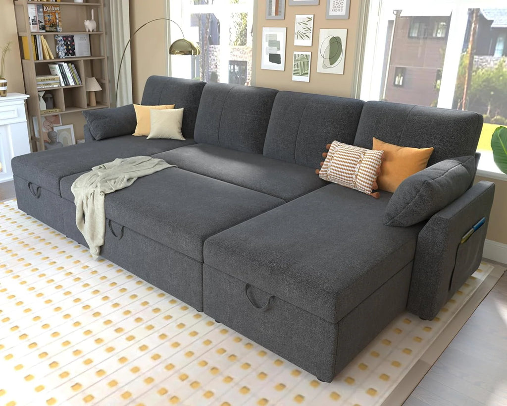Pull Out Couch Sleeper Sofa with Storage Chaise Grey Sherpa Y323