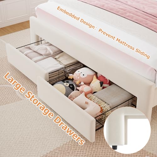 Beige Velvet Twin Upholstered Platform Bed with Storage Drawer Y7404