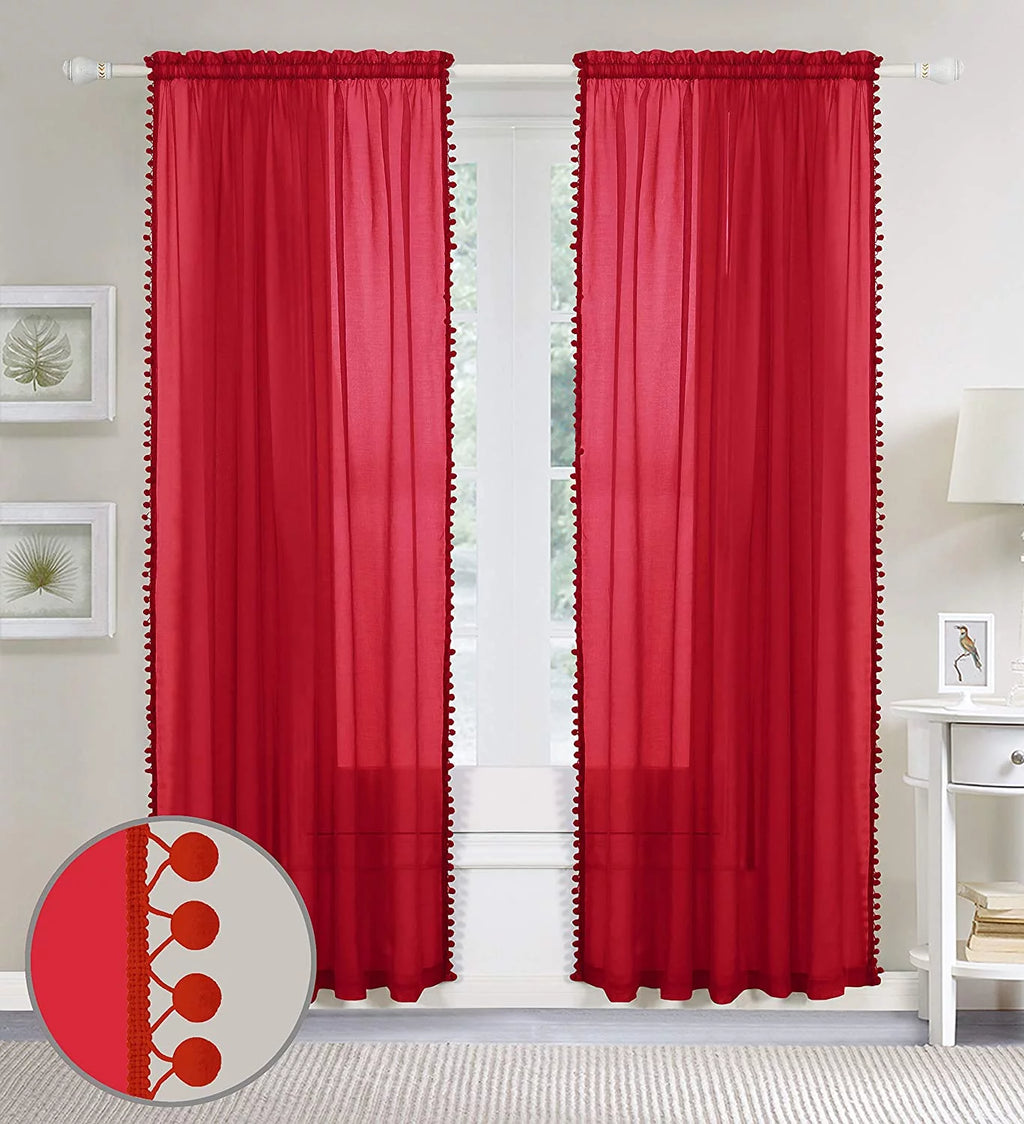 Semi-Sheer Curtains with Pom Pom Tassels 2 Piece Set 60 X 84 Red G908