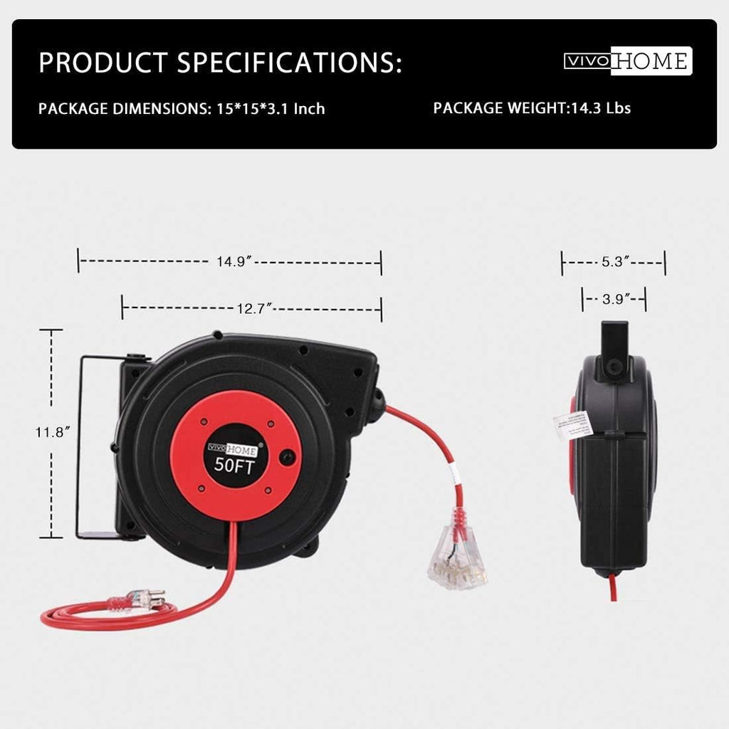 50 Feet Retractable Extension Cord Reel with Swivel Bracket and LED Light Connector Y211