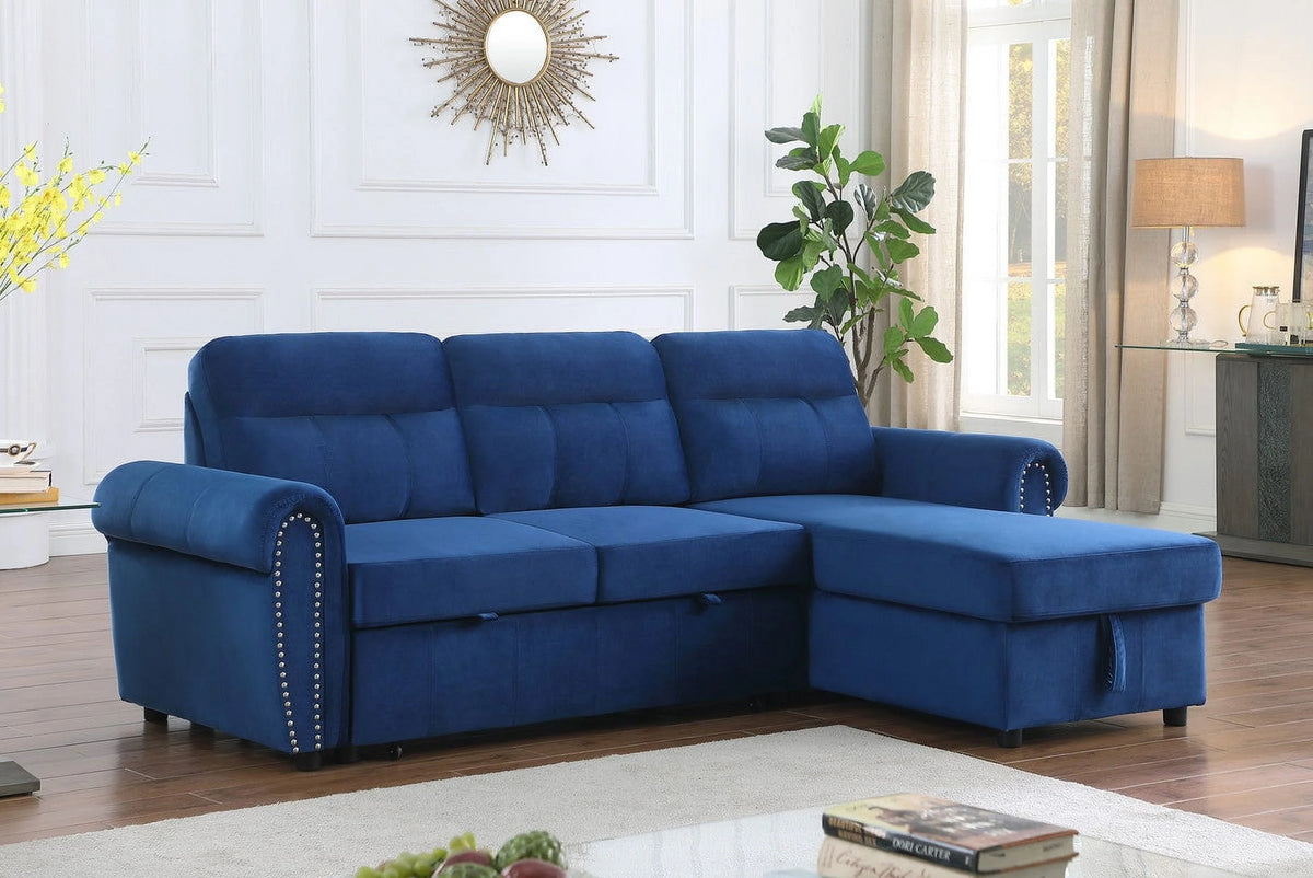 Blue Velvet Reversible Sleeper Sectional Sofa Chaise R396