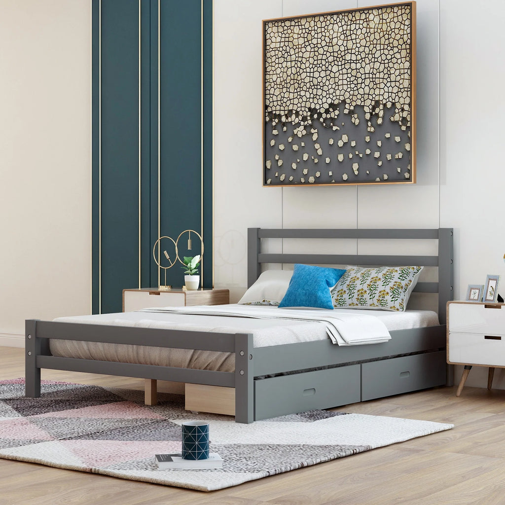 Wood Platform Bed Frame with Drawers and Headboard C155355