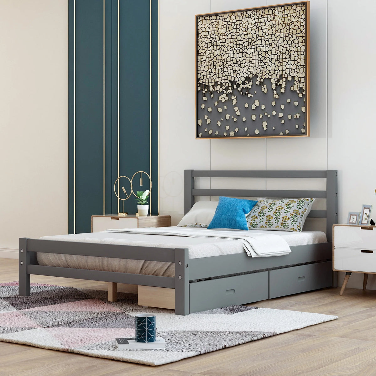 Wood Platform Bed Frame with Drawers and Headboard C155355