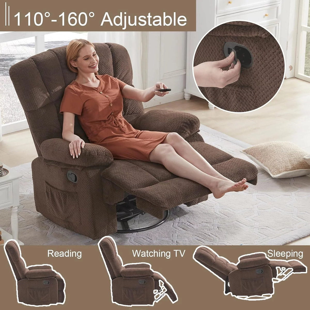 Oversized Dark Brown Manual Rocking Recliner Chair Y9538