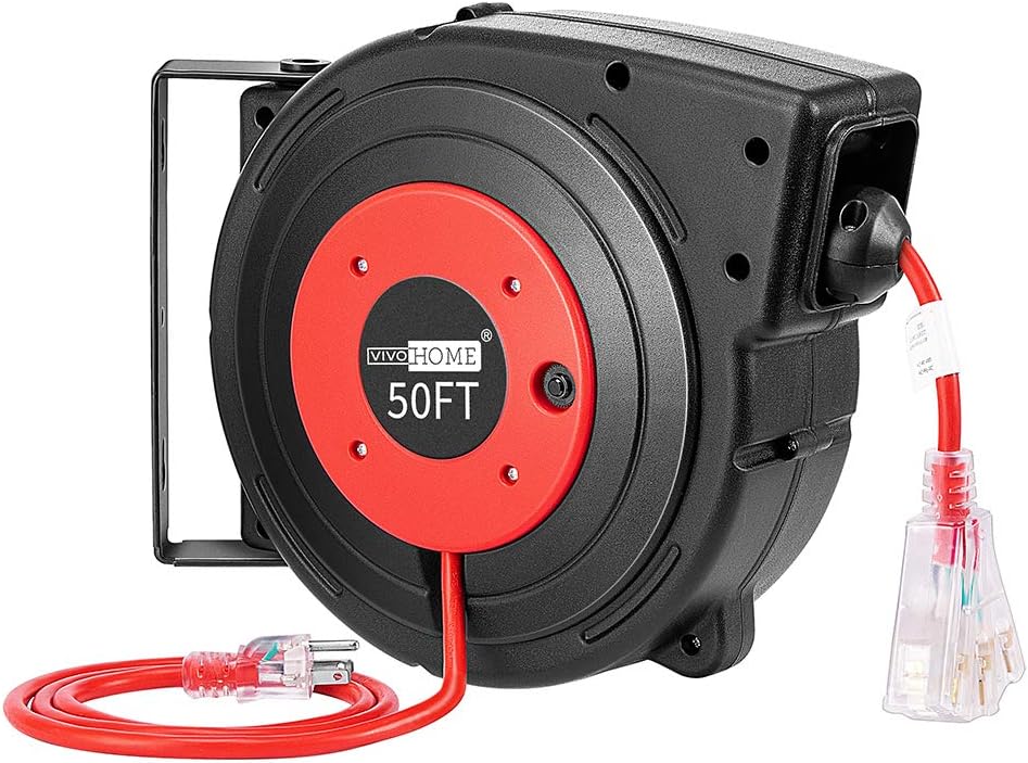 50 Feet Retractable Extension Cord Reel with Swivel Bracket and LED Light Connector Y211