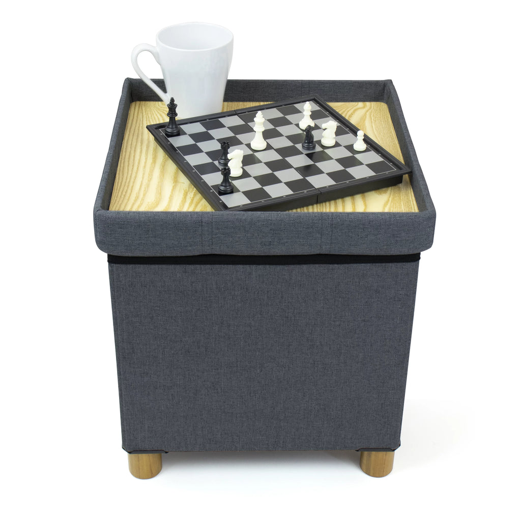 Dark Grey Collapsible Cube Storage Ottoman Foot Stool with Tray X9782