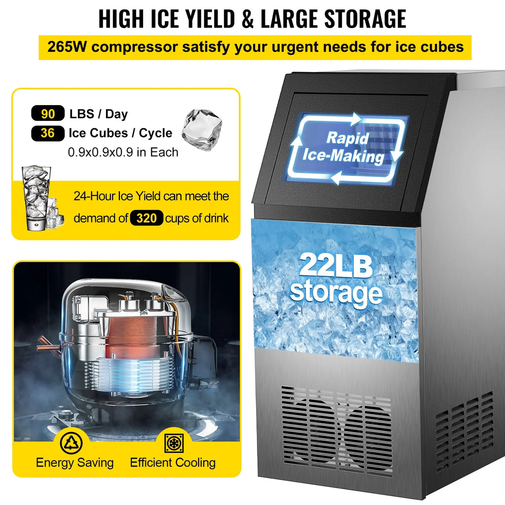 Commercial Ice Maker 90lbs/24h 22 lbs Storage F3939