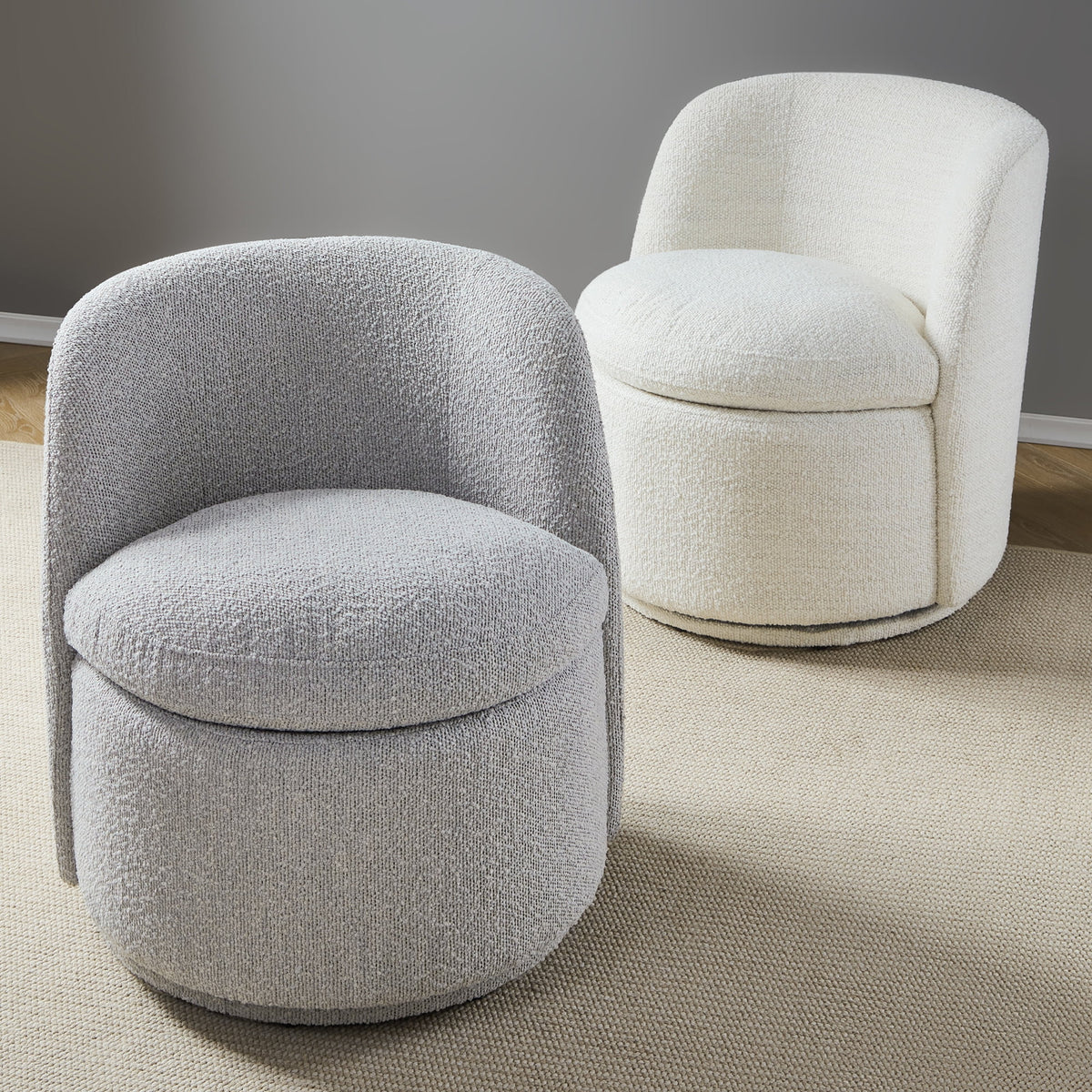 White Boucle Fabric Barrel Accent Chair E452
