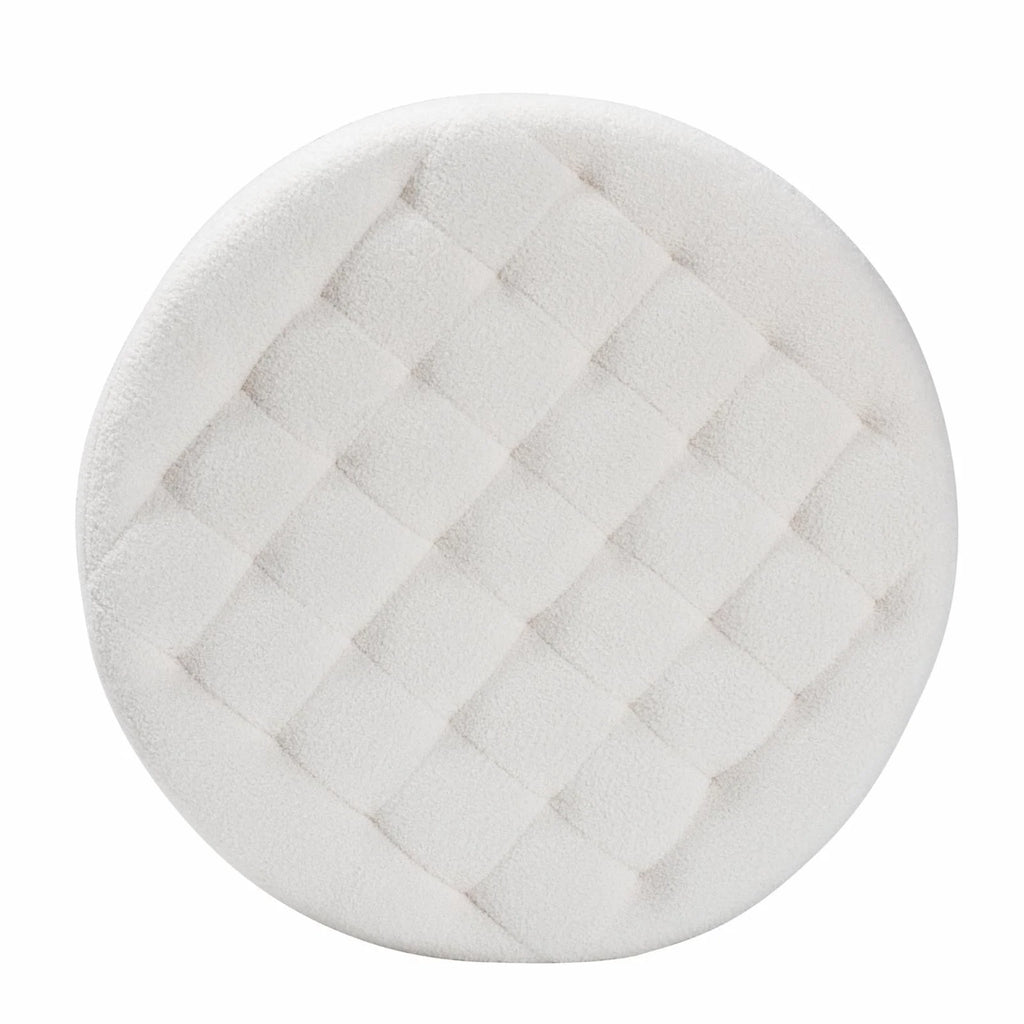Ivory Boucle Upholstered Black Wood Round Ottoman M180