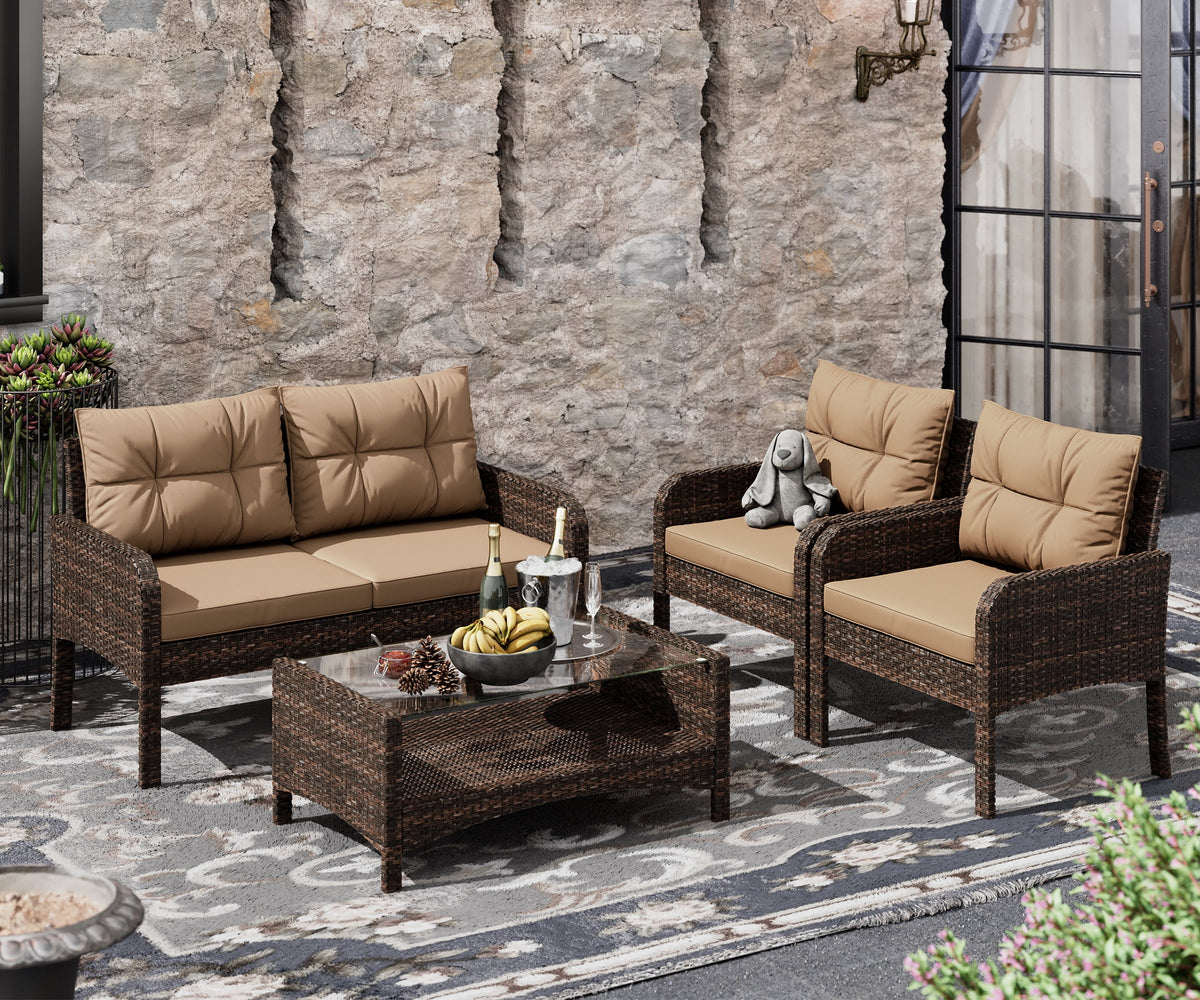 4-Piece Outdoor Rattan Wicker Sofa Set with Cushions & Coffee Table H583629