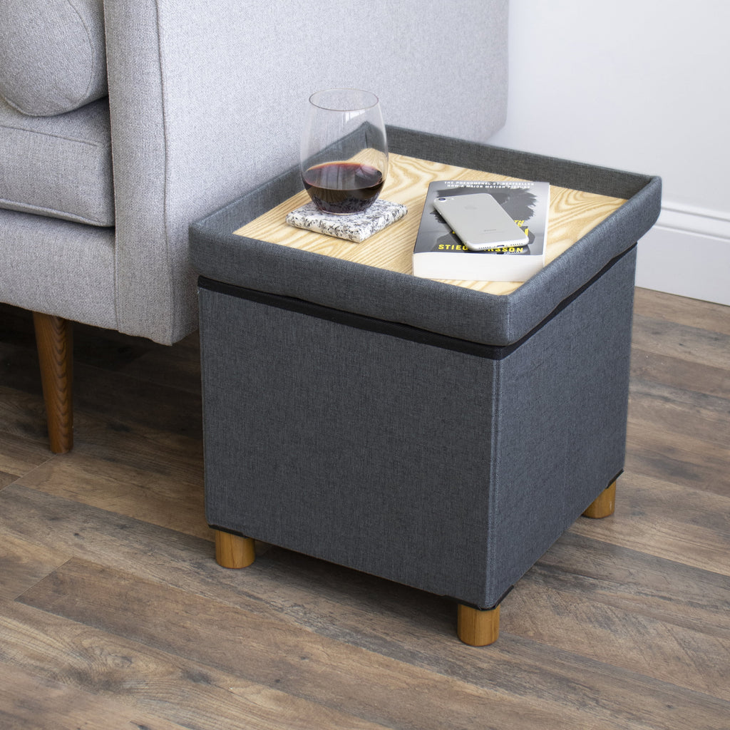 Dark Grey Collapsible Cube Storage Ottoman Foot Stool with Tray X9782