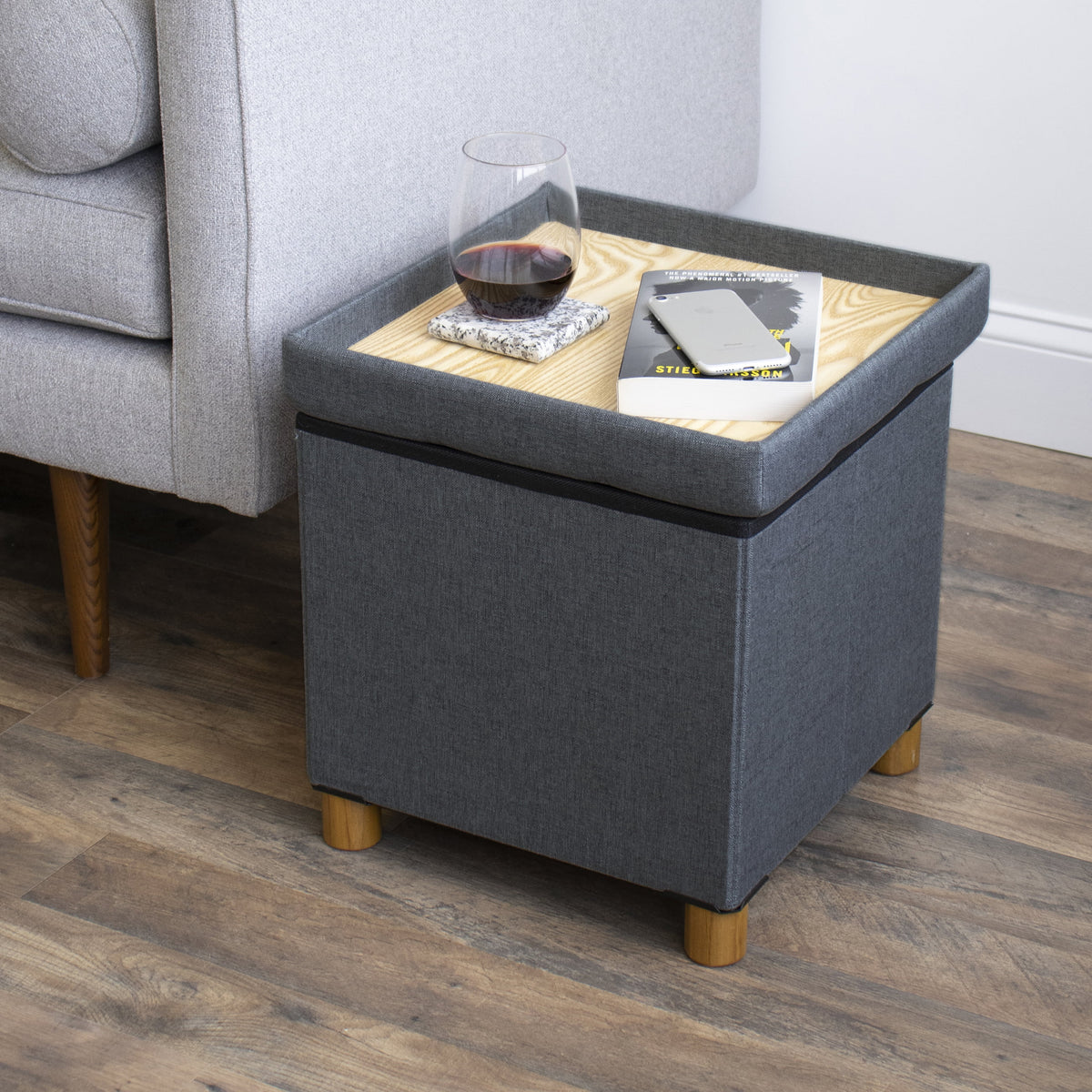 Dark Grey Collapsible Cube Storage Ottoman Foot Stool with Tray X9782