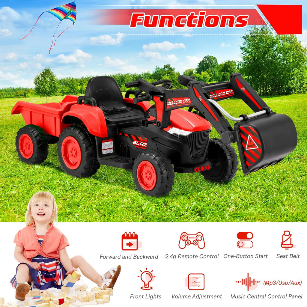 12 V Battery Powered Ride on Bulldozer with Trailer, Front Loader Bucket, Green K4047