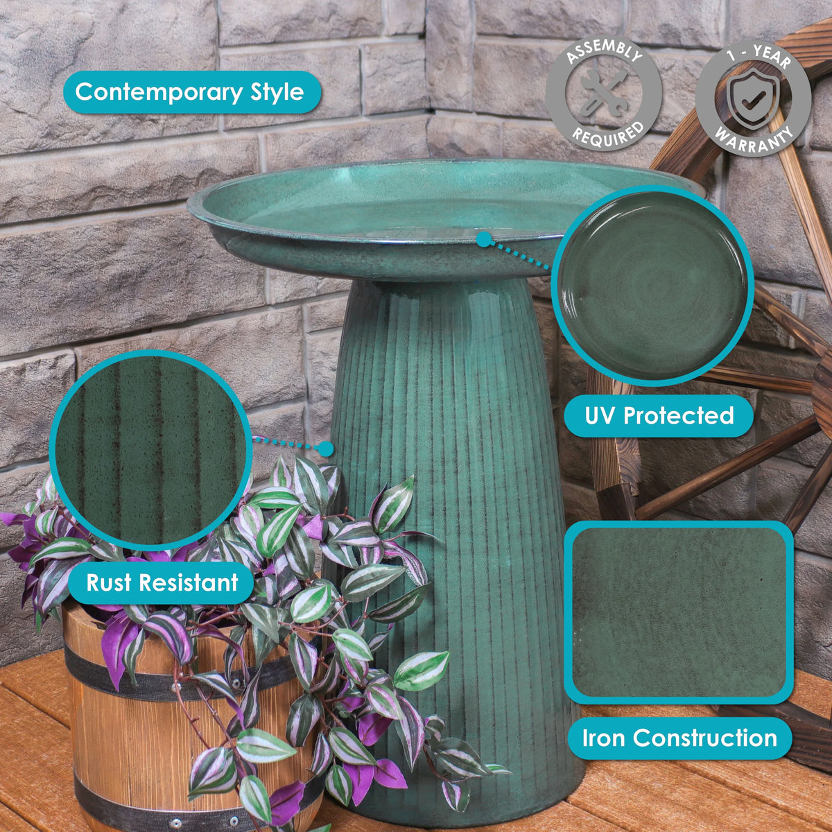Green Metal Outdoor Bird Bath C52761