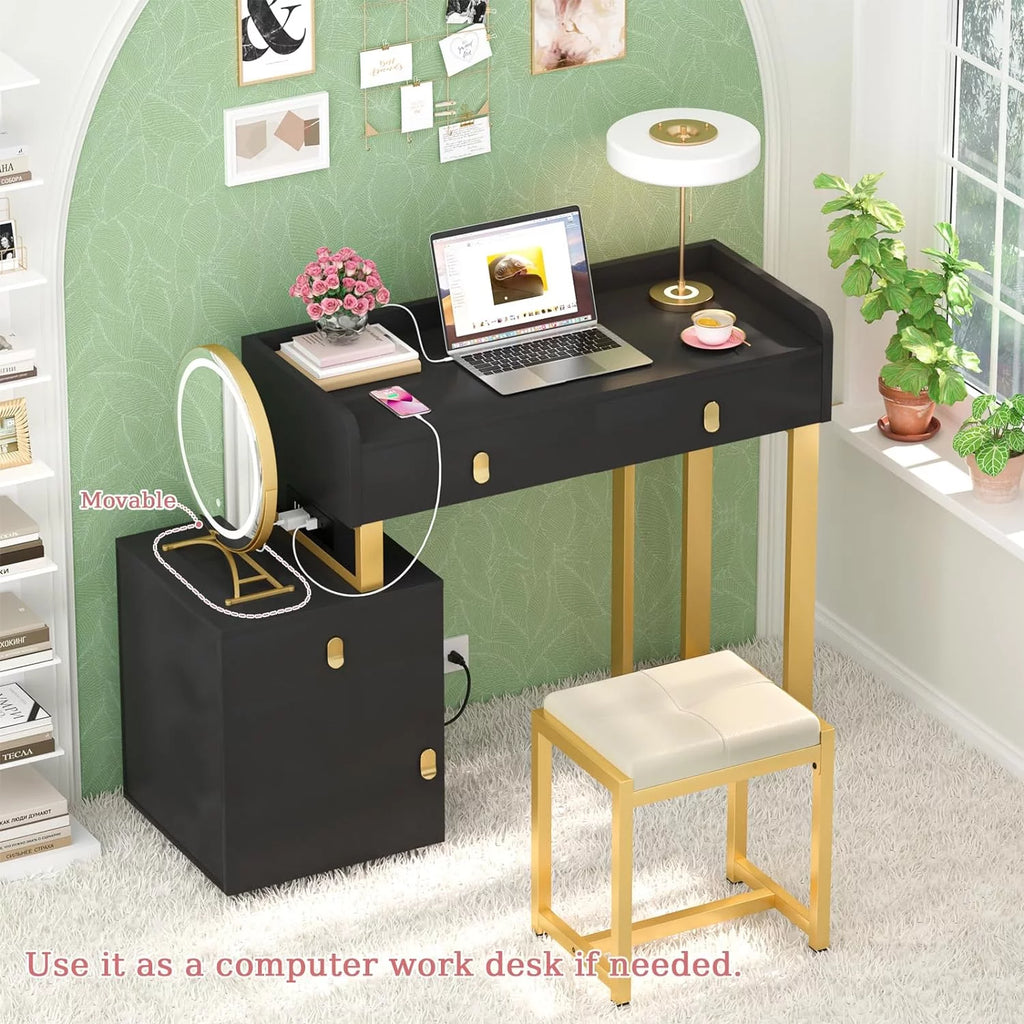Black Vanity Desk with Lighted Mirror and Chair O780