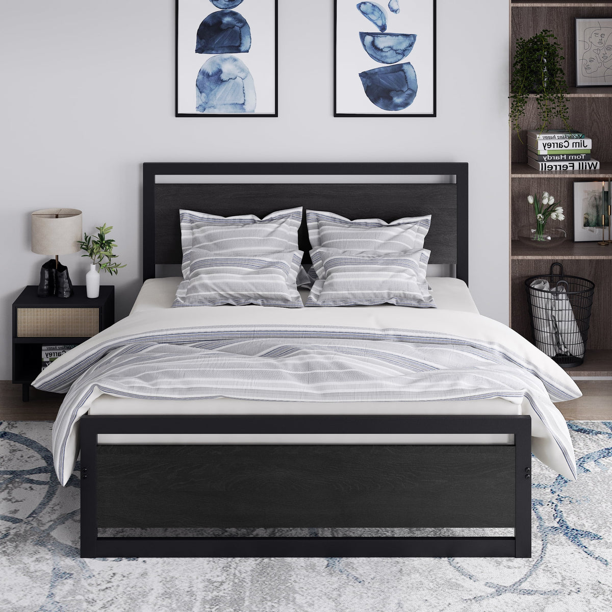 Queen Size Metal Platform Bed Frame with Wooden Headboard Footboard M153816