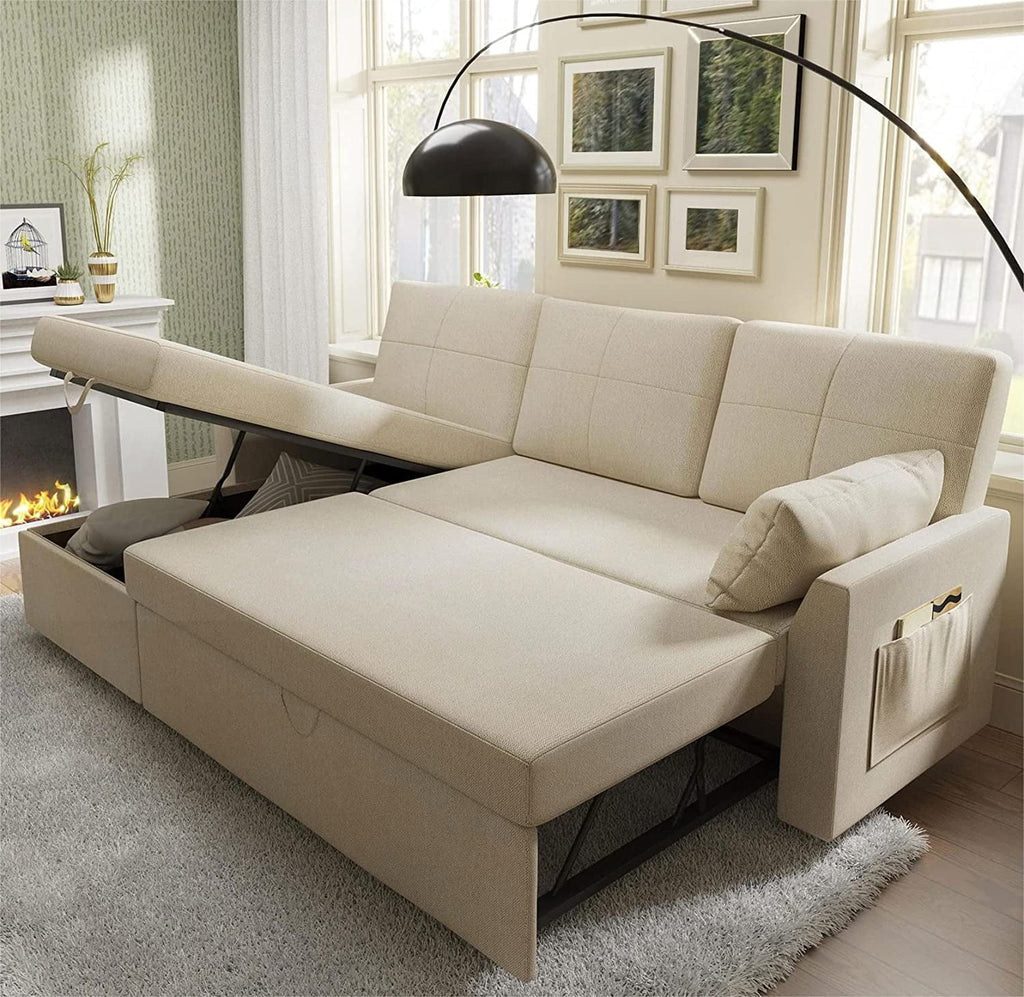Pull Out Couch Sleeper Sofa with Storage Chaise Grey Sherpa Y323