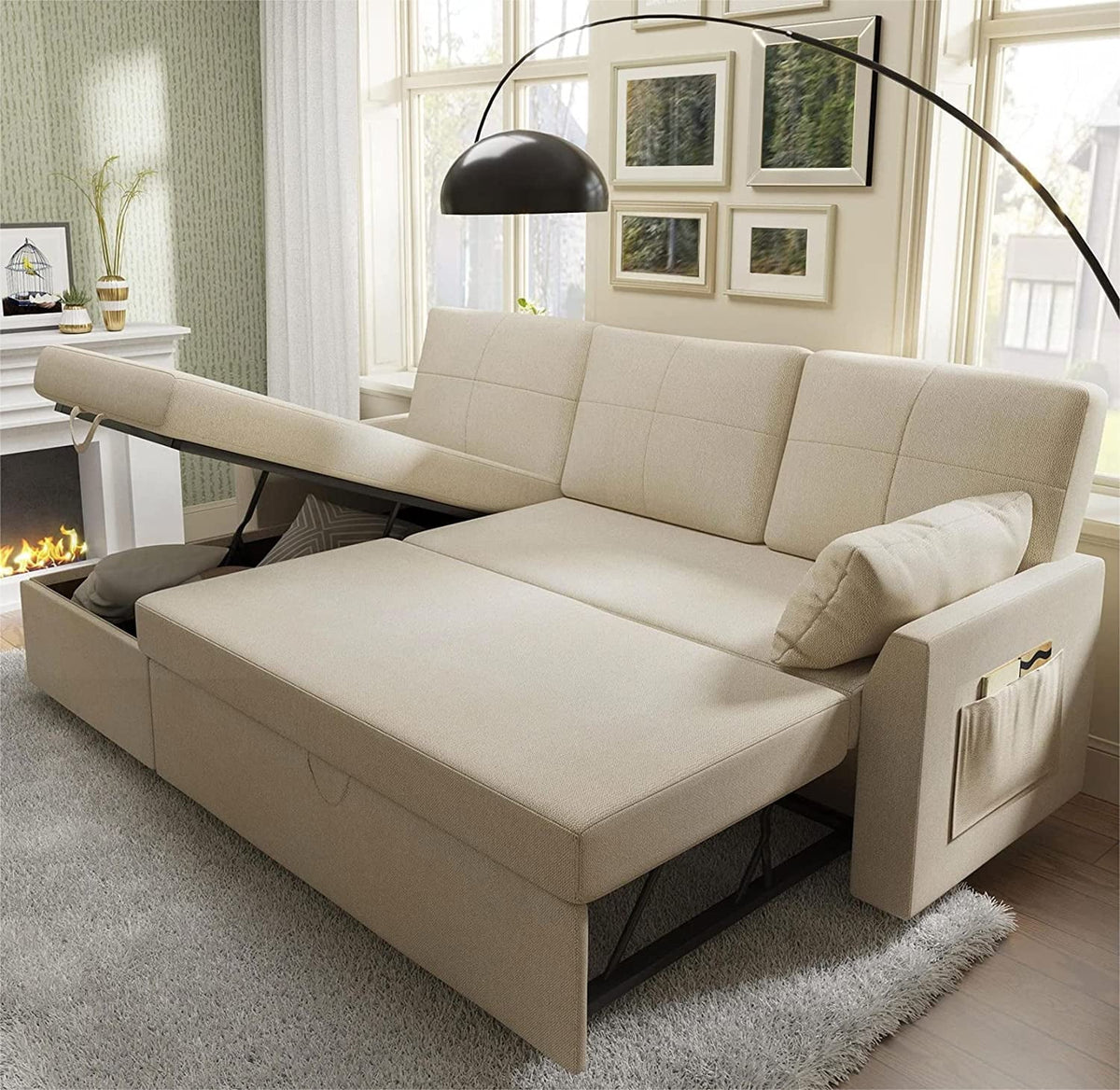 Pull Out Couch Sleeper Sofa with Storage Chaise Grey Sherpa Y323