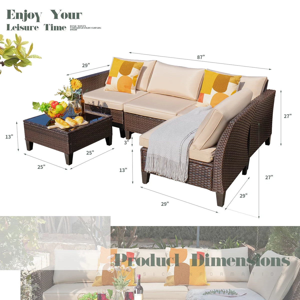 5 Pieces Wicker Rattan Outdoor Sofa Set with Coffee Table L582