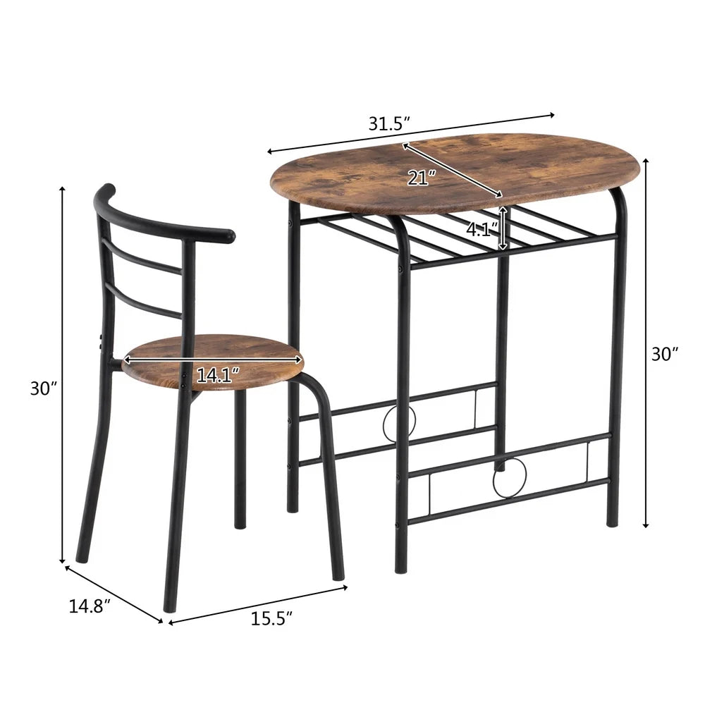 Brown 3 Pieces Dining Table and Chair Set with Storage Rack J448