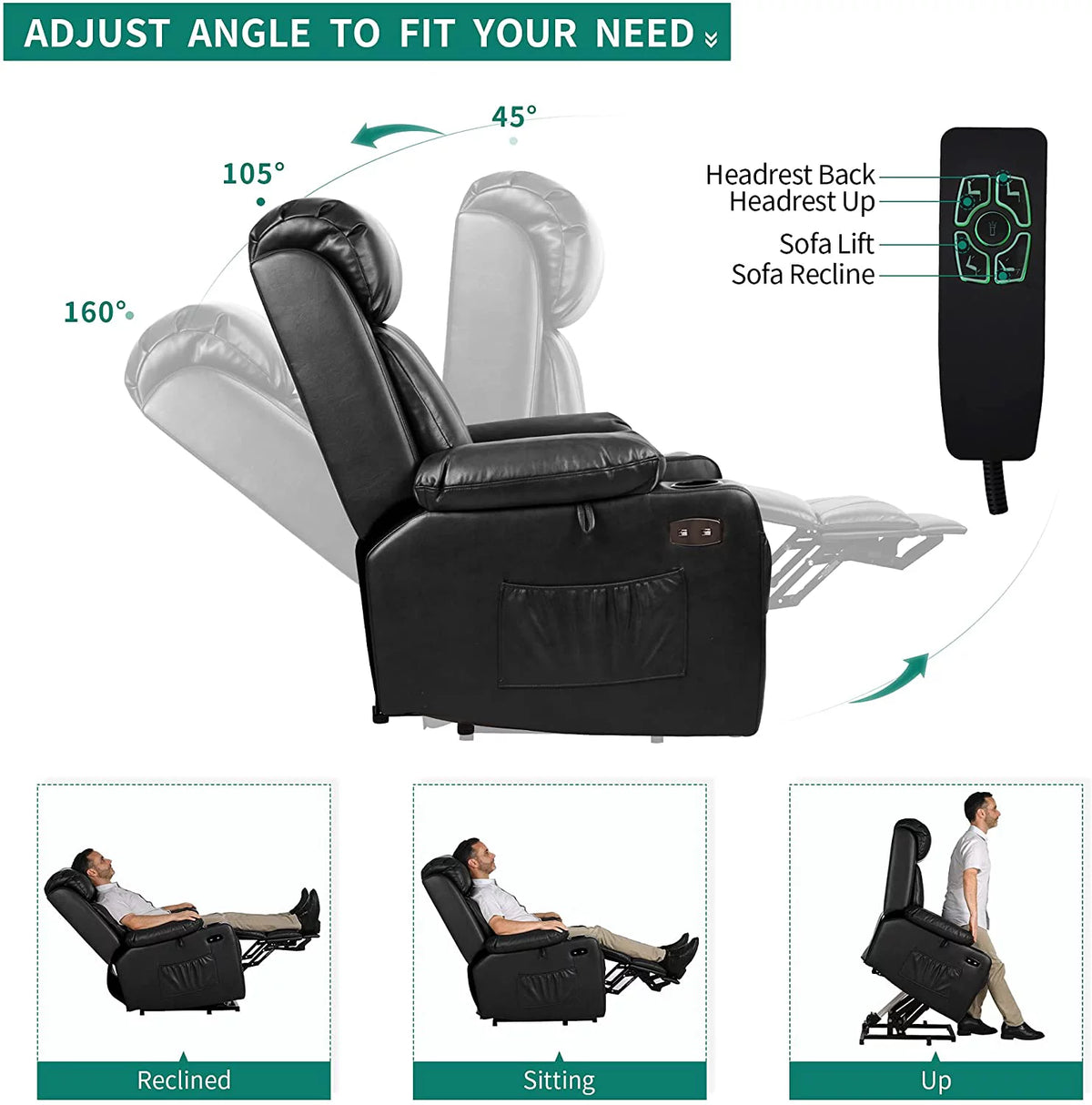 Black Faux Leather Power Lift Recliner Chair with Massage Heat E52727