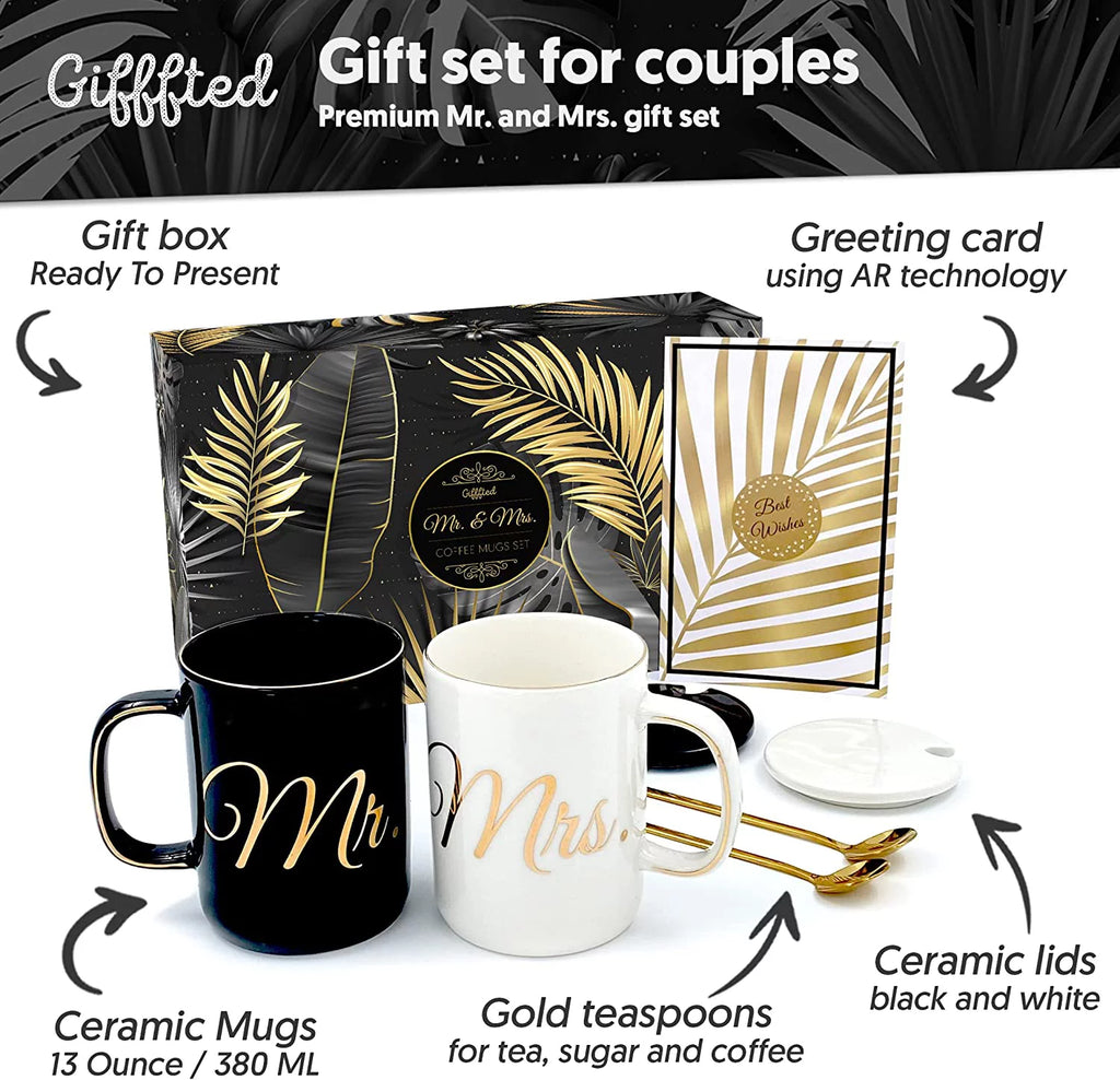 Mr and Mrs Coffee Mugs Set with Lids and Teaspoons R6164