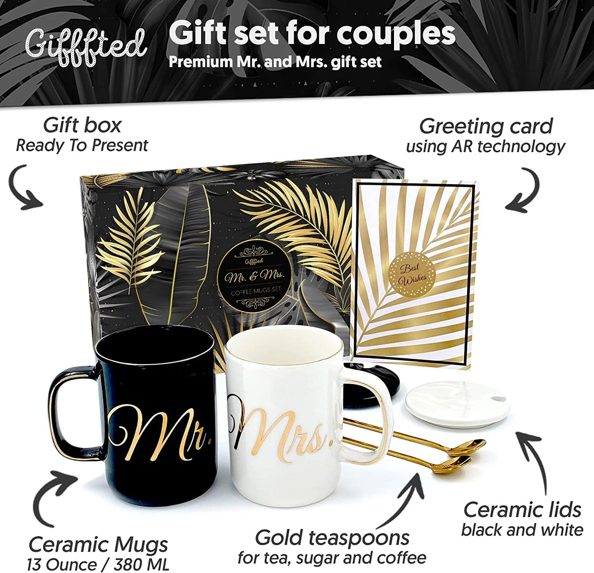 Mr and Mrs Coffee Mugs Set with Lids and Teaspoons R6164