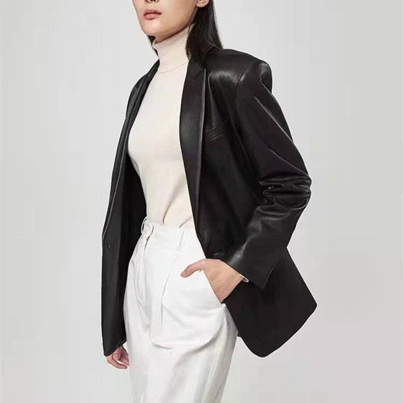 Recycled Vegan Leather One Button Blazer Jacket Z60466