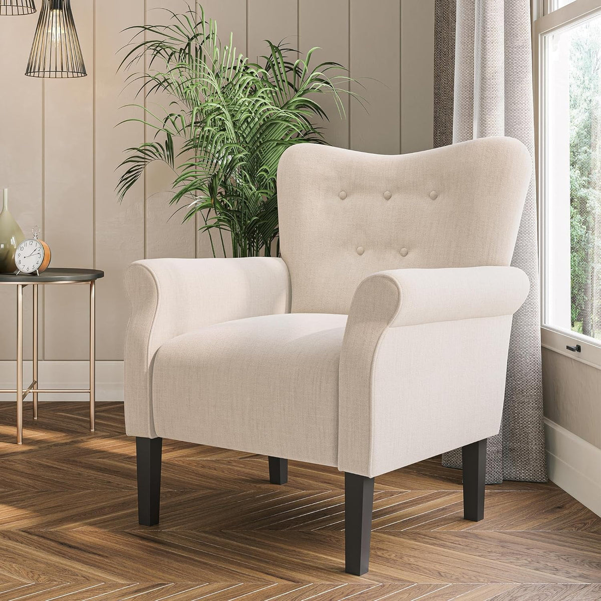 Beige Upholstered High Back Armchair with Wooden Legs L802327