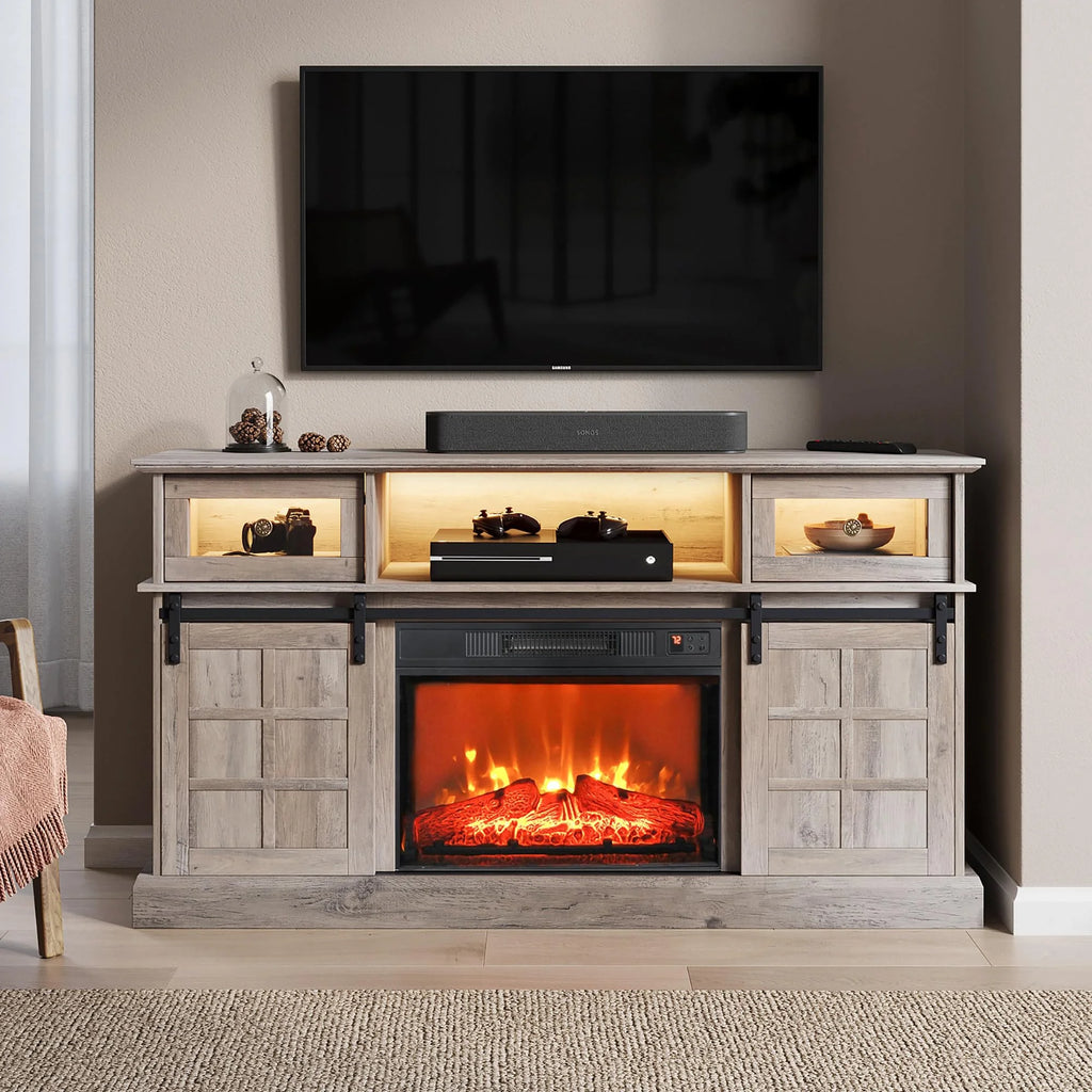Gray Fireplace TV Stand with 23" Electric Fireplace and Storage Cabinet L3154