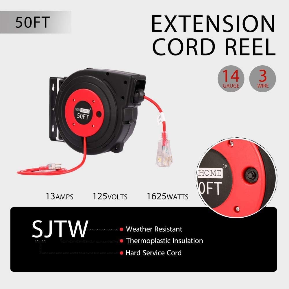 50 Feet Retractable Extension Cord Reel with Swivel Bracket and LED Light Connector Y211
