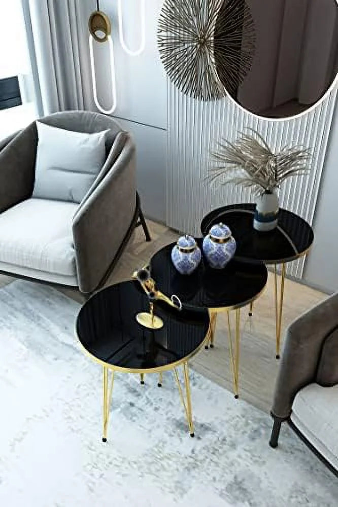 Set of 3 High Gloss Black Round Nesting Tables with Metal Legs T559