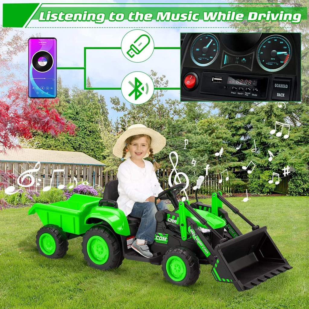 12 V Battery Powered Ride on Bulldozer with Trailer, Front Loader Bucket, Green K4047