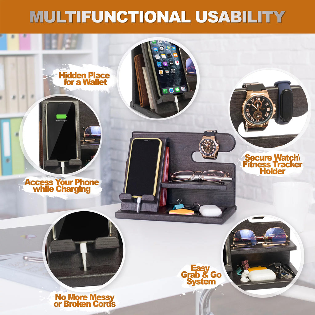 Wood Phone Docking Station Ash Key Holder Wallet Stand Watch Organizer (Black) R288